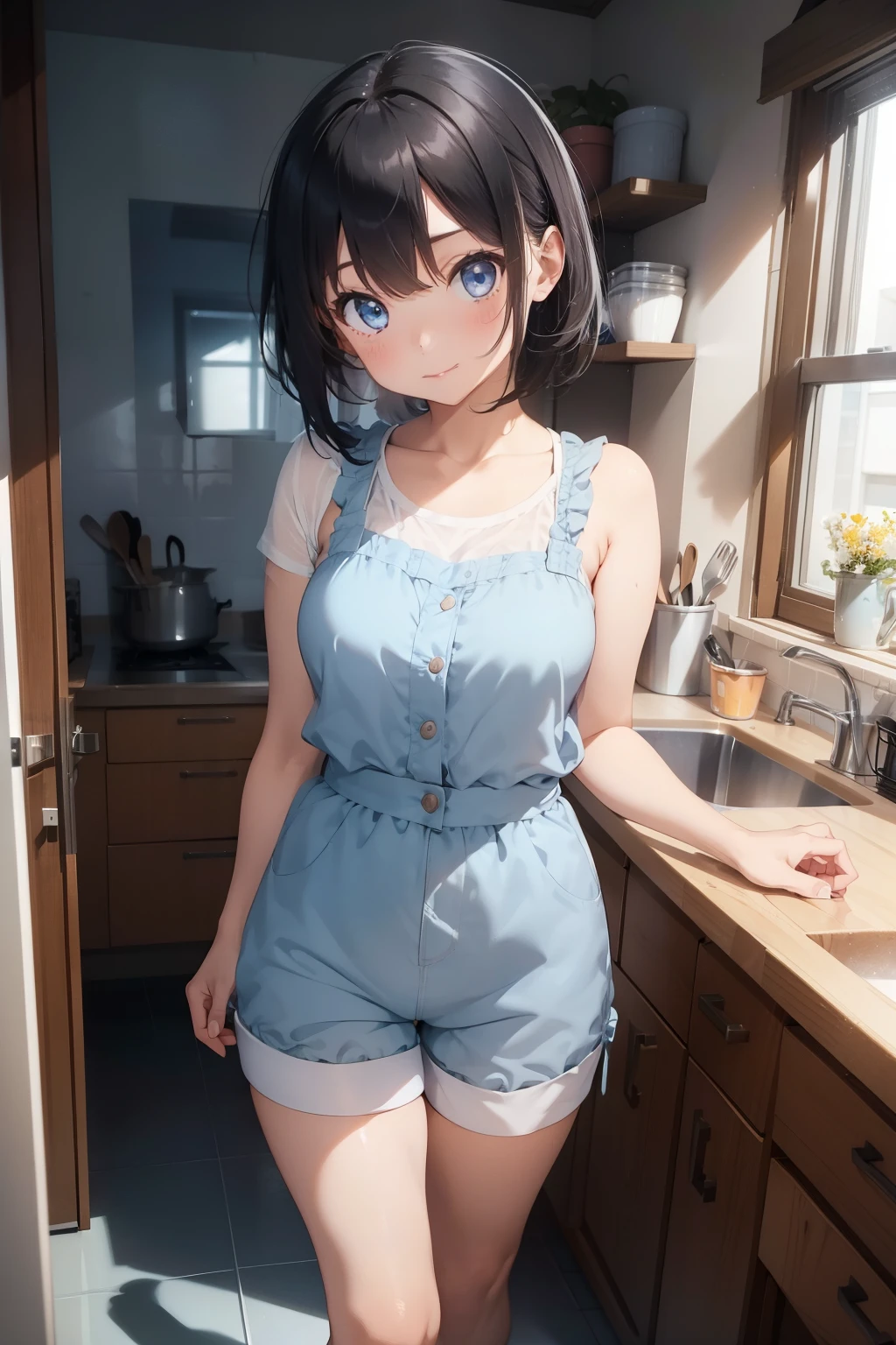 1girl, full body shot, short black hair, silver blue eyes, pastel blue slim tight romper, in the kitchen, cute, happy, absurdres, high res, ultrasharp, 8K, masterpiece