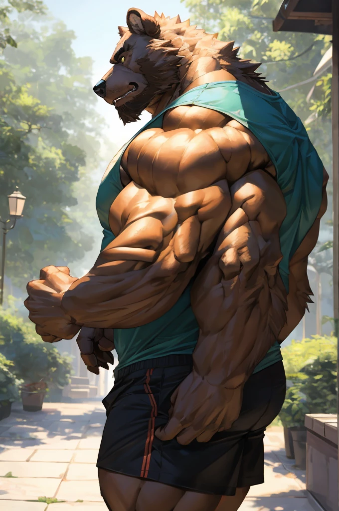 (best quality,4k,8k,highres,masterpiece:1.2),ultra-detailed,realistic:1.37,huge muscular furry Grizzly bear wearing white tank top,white shorts,Brown fur skin,tank top with ripped up,,shorts with pockets,ferocious expression,intense eyes,heavy brown fur texture,lush green garden background,sturdy posture,strong arms,bulging muscles,bright colors,sharp focus,natural lighting,physically-based rendering,bokeh,portrait,creature,animal,artistic style