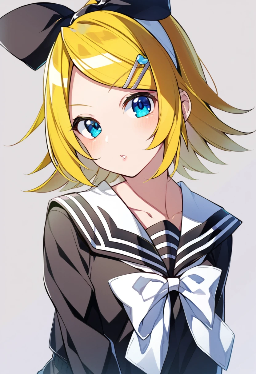 one girl, Kagamine Rin, Vocaloid, blue eyes, simple background, sailor collar, off shoulder, black sleeve, hair clip, hair bow