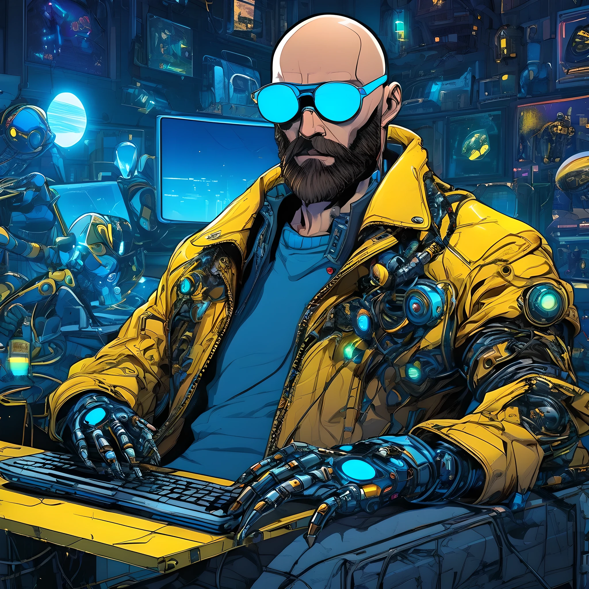 one  men, 30years, without hair, bald man with brown beard, athletic body, wearing yellow leather jacket with blue neon, sunglasses with blue lens, robotic arm implants, connected limbs, in his bedroom, using a computer to hack, futuristic atmosphere, night time, cyberpunk style, Point of view view, centered image.