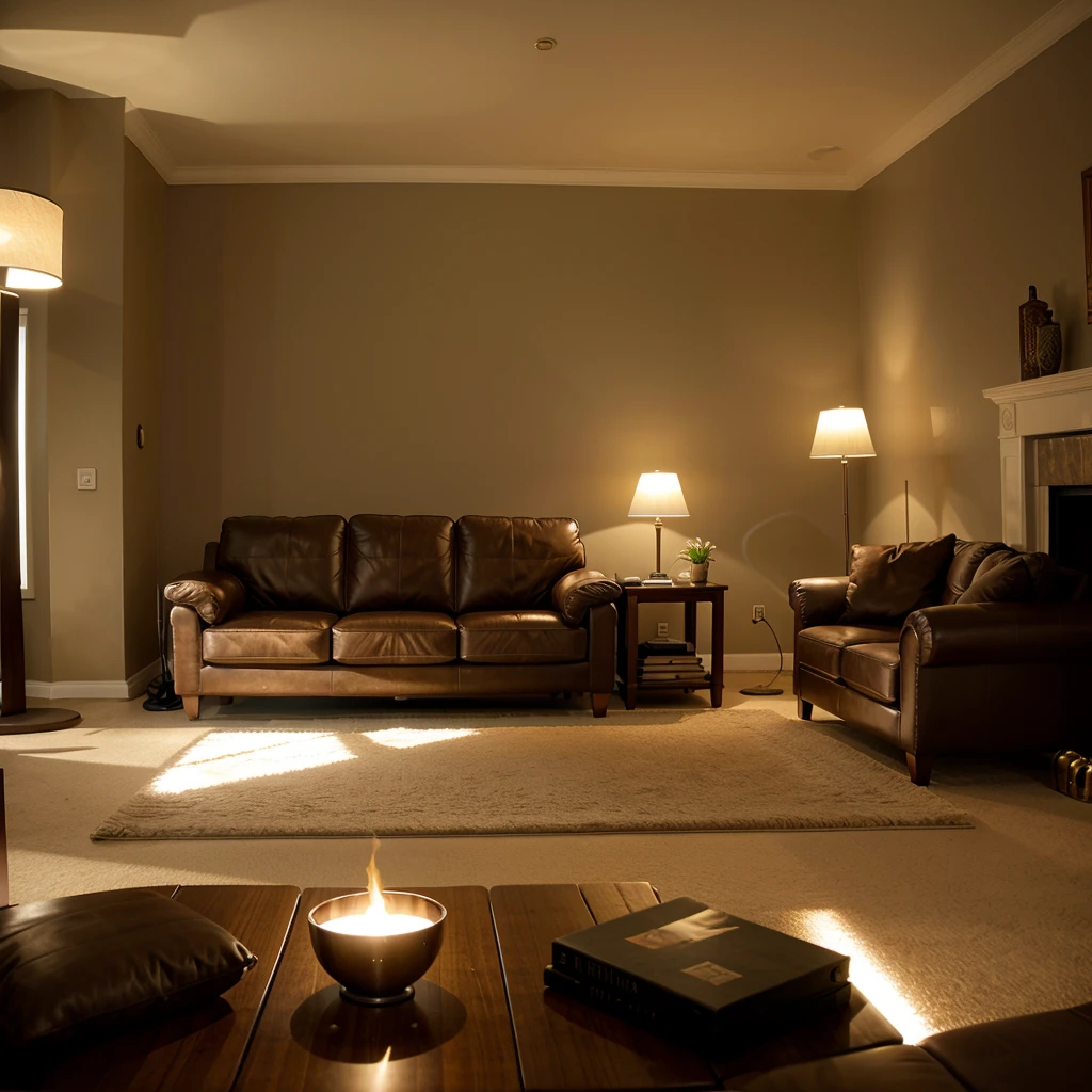 uma sala de estar, Nice sofas, center table, modern setting, well-lit, fireplace lit.