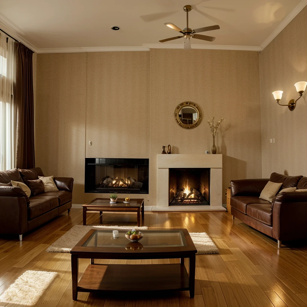 uma sala de estar, Nice sofas, center table, modern setting, well-lit, fireplace lit.