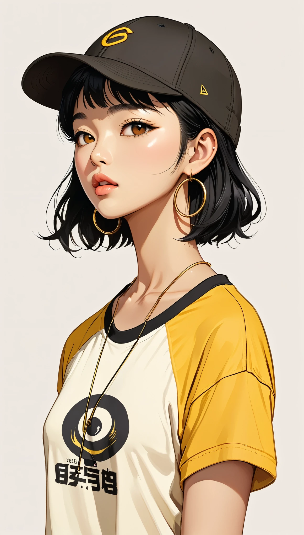 masterpiece, Highest quality, One girl,Brown Eye, Baseball cap, Black Hair, Mouth closed, Earrings, Have, hoop 、 jewelry, View your viewers, shirt, short hair, Simple Background, alone, Upper Body, yellow shirt 、Headphoneoderate bust、Asian