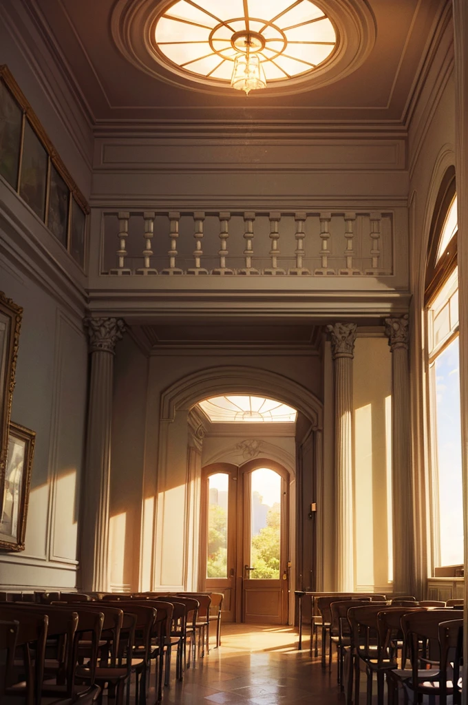 Chair, window, columns, big gate, mansion interior, masterpiece, best quality, high resolution, 4k , illustration, digital art,school canteen, anime style