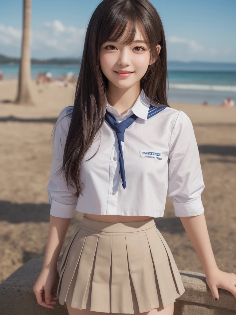 (1girl), kawaii, (round eyes:1.2), (highly detailed face and eyes), (big smile), Amazing face and eyes, (school uniform, pleated mini skirt:1.3), (Best Quality:1.4), (Ultra-detailed), (extremely detailed CG unified 8k wallpaper), Highly detailed, High-definition raw color photos, Professional Photography, Realistic portrait, summer, (beach), (fine face:1.2),