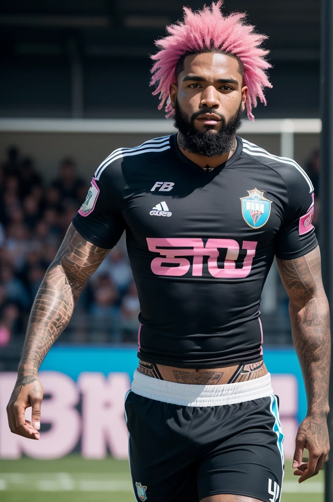 black football player, pink hair, short beard, Umbro Grêmio shirt, written “banrisul” on the chest, black shorts, tattooed arms, captain's arm band, at a football match in a crowded stadium