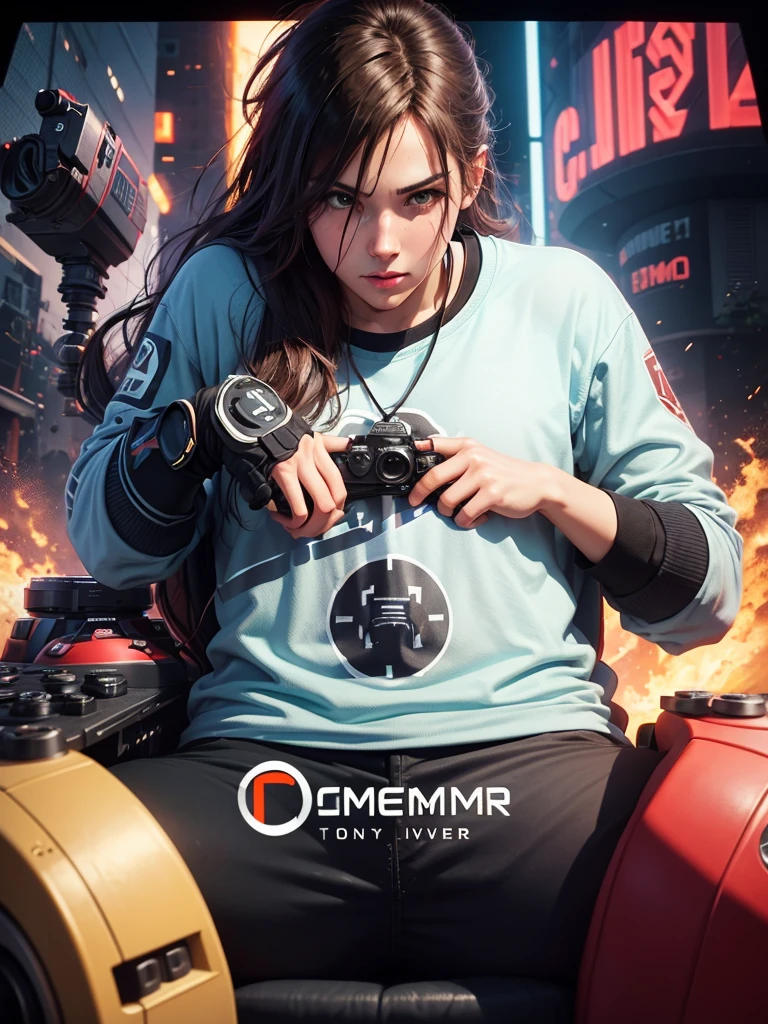 create an image with a film camera and a video game controller with a logo with the name cinema gamer verse