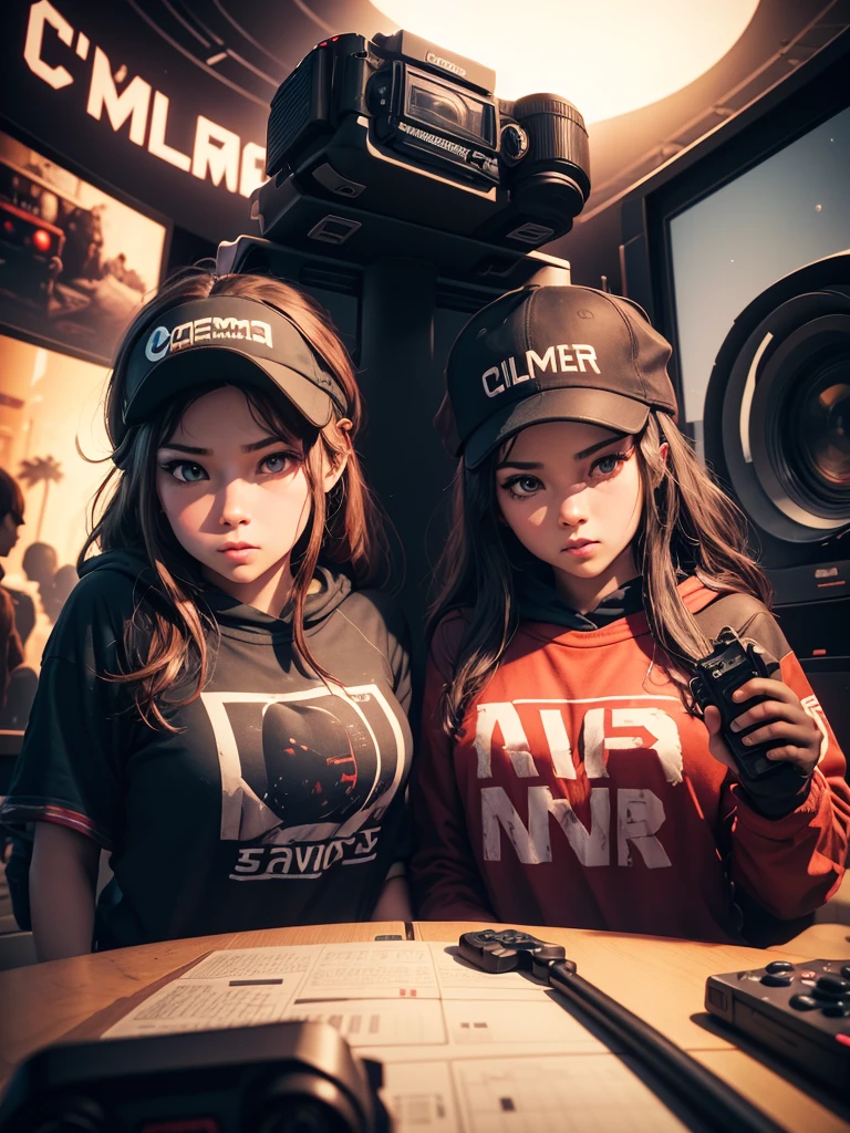 create an image with a film camera and a video game controller with a logo with the name cinema gamer verse  

 