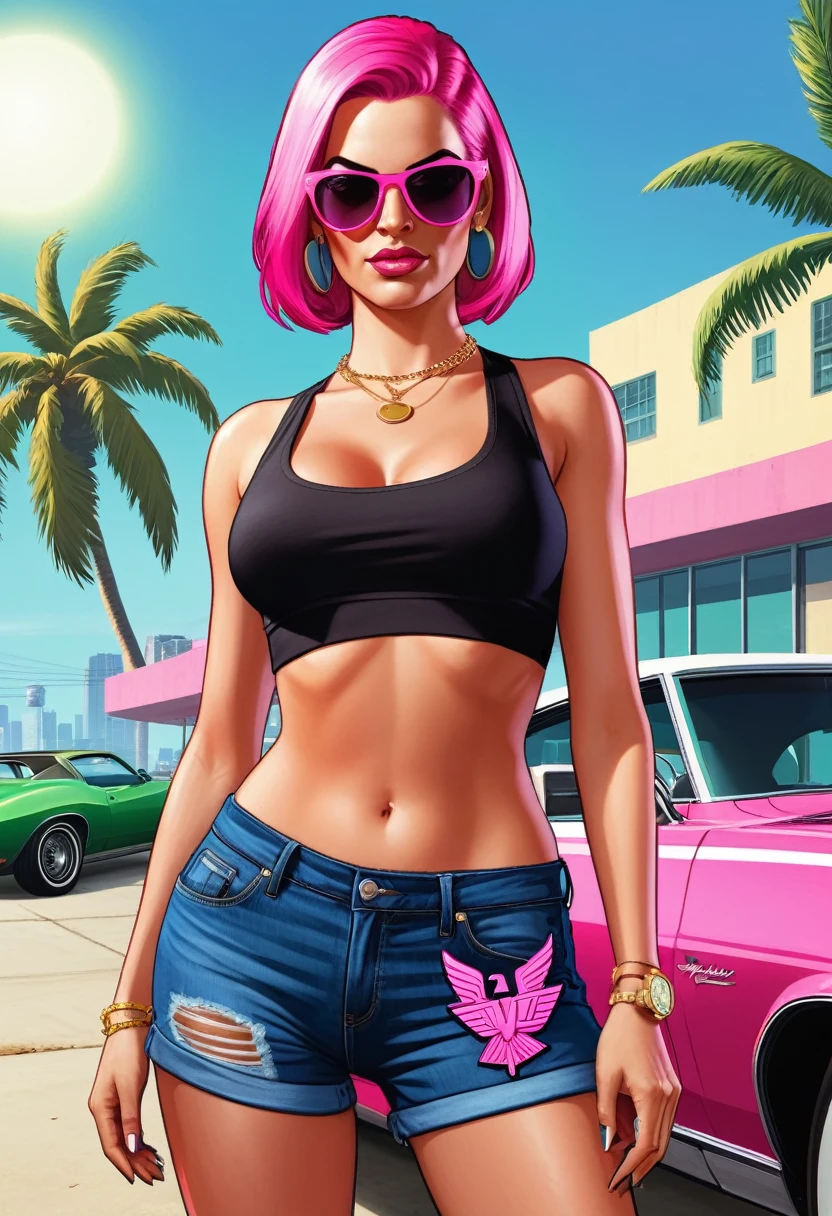 (gta style:1.5),(GTA Vice City, GTA 5 cover art, gta style: 1.5), with a white woman with neon pink hair, com oculos e uma saia jeans e com cropped