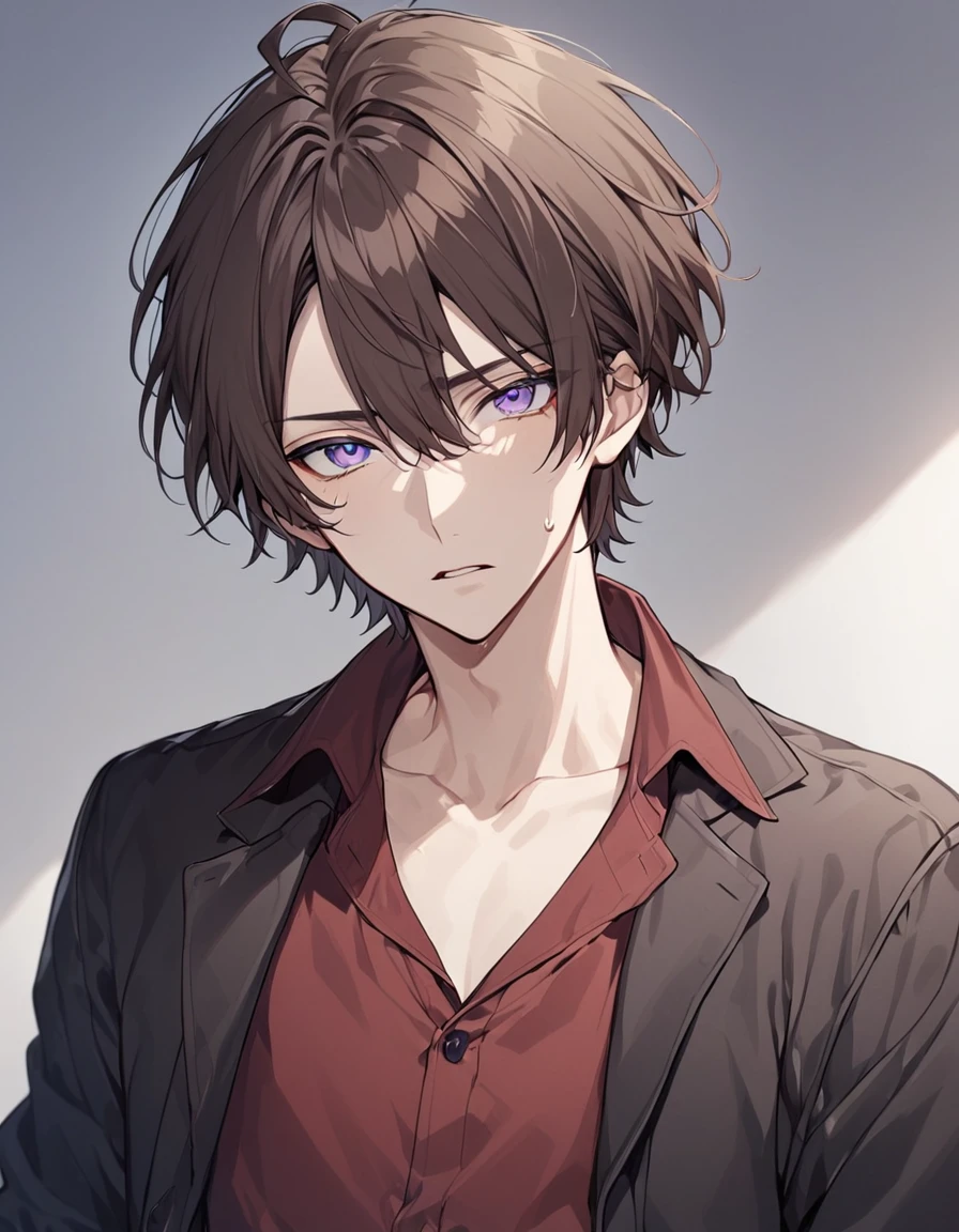 solo, looking at viewer, short hair, bangs, blue eyes, brown hair, shirt, 1boy, hair between eyes, purple eyes, collarbone, jacket, upper body, male focus, parted lips, collared shirt, sweatdrop, black jacket, red shirt, multicolored eyes