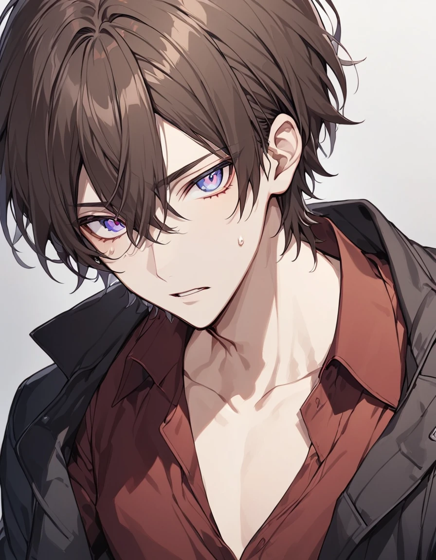 solo, looking at viewer, short hair, bangs, blue eyes, brown hair, shirt, 1boy, hair between eyes, purple eyes, collarbone, jacket, upper body, male focus, parted lips, collared shirt, sweatdrop, black jacket, red shirt, multicolored eyes