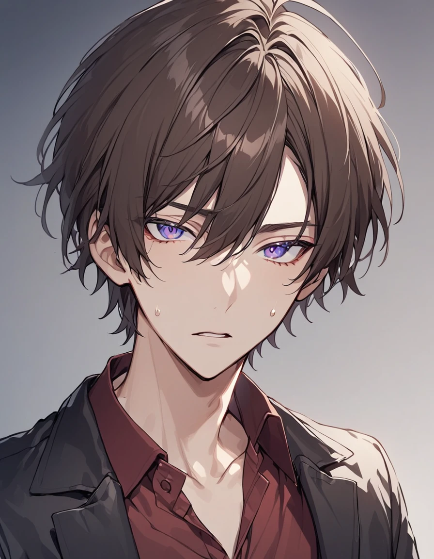 solo, looking at viewer, short hair, bangs, blue eyes, brown hair, shirt, 1boy, hair between eyes, purple eyes, collarbone, jacket, upper body, male focus, parted lips, collared shirt, sweatdrop, black jacket, red shirt, multicolored eyes