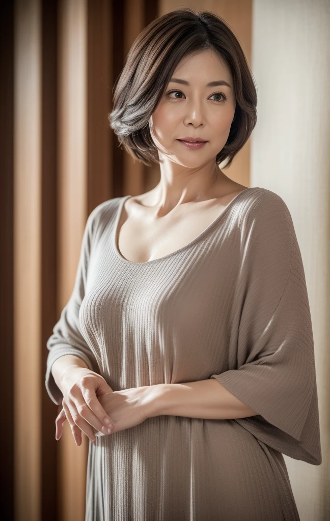 a beautiful detailed face of a 45 year old japanese mature woman, beautiful detailed lips with lip gloss, sensual expression, large breasts, large hips, wearing a light gray open-chested casual one piece, ((Bowing)), ouside, shallow depth of field, standing outside and viewed from the side, (best quality,8k,masterpiece:1.2),ultra-detailed,(realistic,photorealistic,photo-realistic:1.37),intricate details,stunning full body portrait,dramatic lighting,cinematic,elegant, morning, Emphasizes body lines,