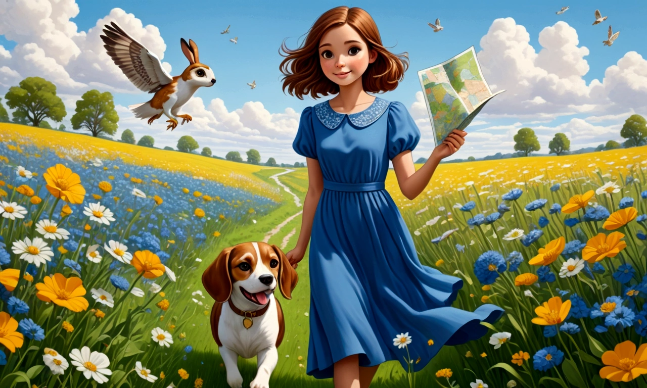 Draw a young woman with brown hair and a blue dress. She happily crossing a field of flowers,  with a look of curiosity she found an owl and a rabbit. In one hand he has a map. Next to her is a brown and white beagle.