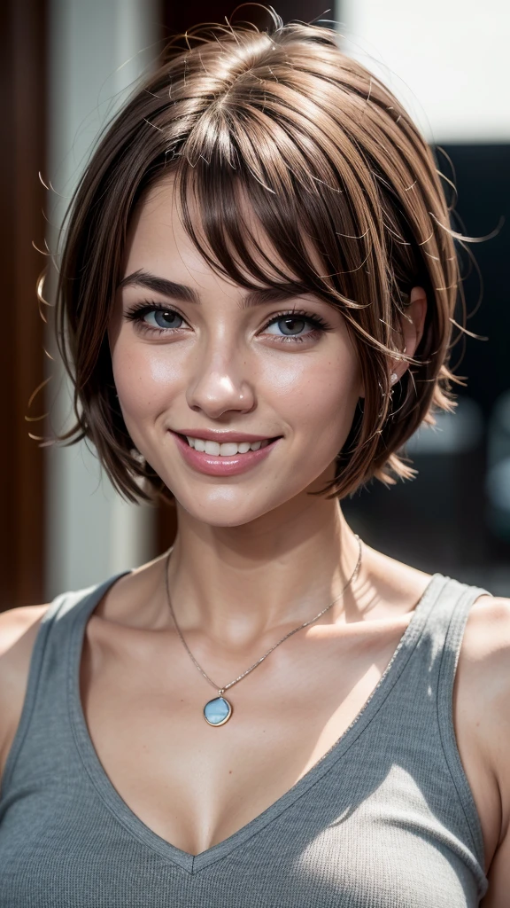 a pixie cut　Brown hair　Colossal tits　a smile