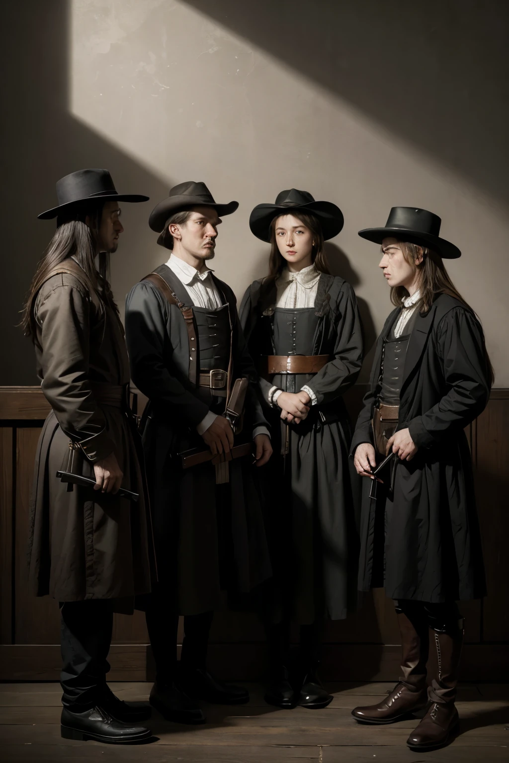 A group of Puritans chatting, bibles in hand, guns surrounding them, 17th century colonial america, detailed realistic painting, chiaroscuro lighting, muted color palette, cinematic composition, dramatic shadows, strong contrast, photorealistic, highres, puritan's hat
