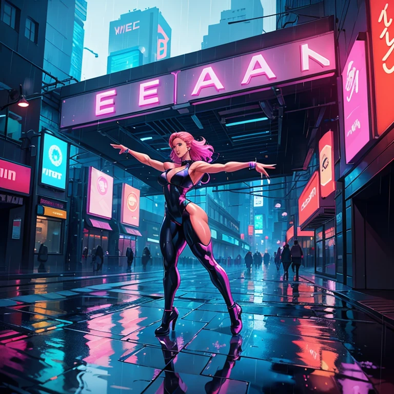 beautiful woman dancing in the rain, walking over puddles, reflections, neon lights, perspective, wide hips, ifbb