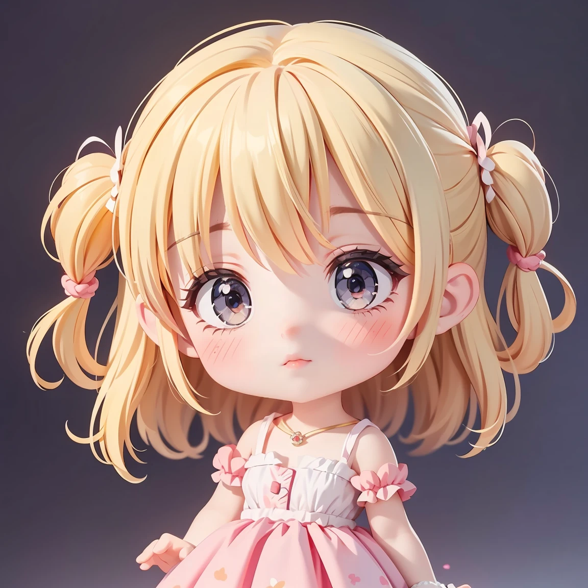  Super Chibi Character：1.8、Wearing cute shoes、background：simple、Blonde Hair、Cute 7 year old girl、pink cinderella dress