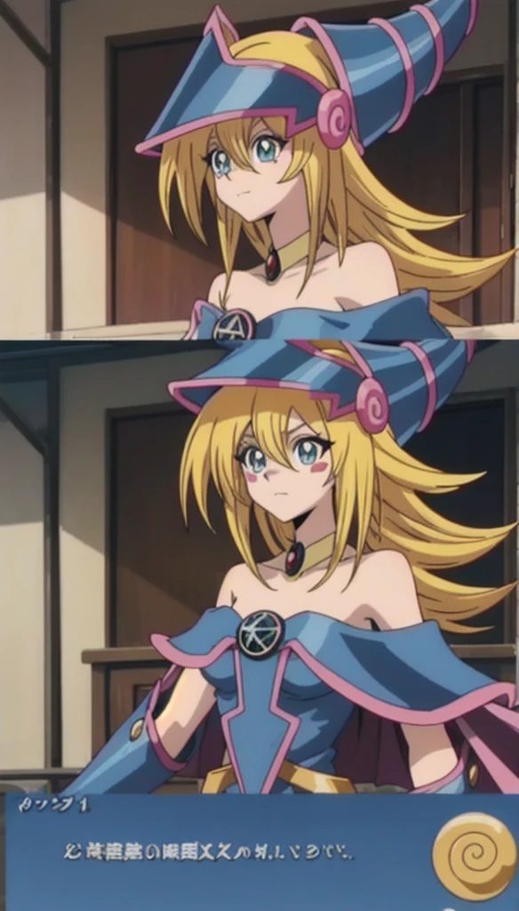 Straight, Upper Body, alone, Break Anime_dark_magician_girl_Yu-Gi-Oh_myself, www.myself.and,
Blonde, Long Hair, dark magician girl,chest, Hair between the eyes, medium chest, blue eyes, bangs, clavicle, Spiked Hair, Brush Sticker, large chest, Green Eyes, 
nakedの肩, Blue hat, choker, Duel Monsters, Have, wizard Have, chestの谷間, Blue leotard, jewelry, gem, tie, star \(symbol\), Arm guard, Pentacles, Braces,pelvis_curtain,Sixty-four trigrams,
Official Art, High resolution, scenery, (masterpiece:1.1), (最high quality,:1.1), (high quality:1.1), (Anime screenshots:1.2),　naked　nude　Big Breasts