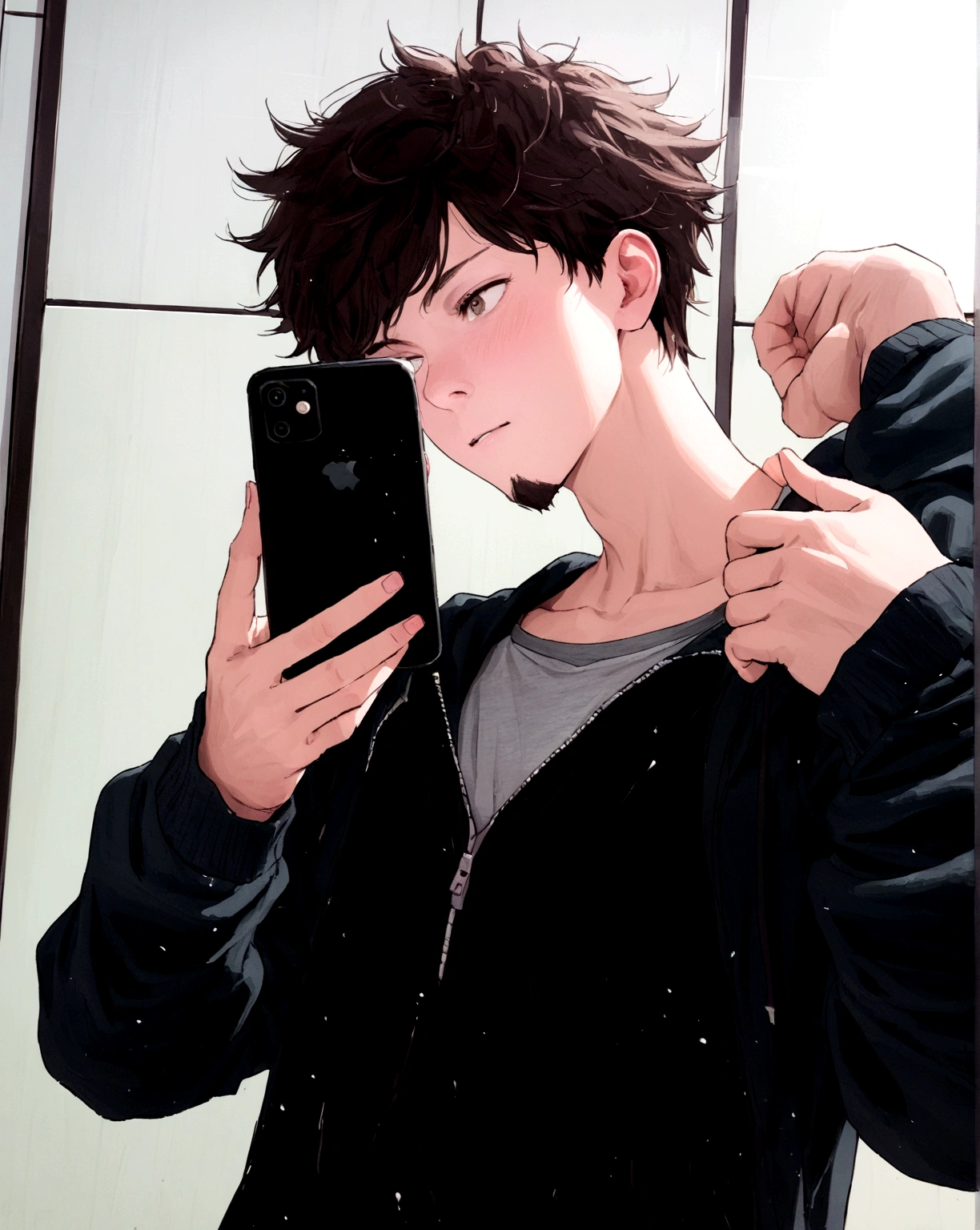 A photo a little further away , black mullet hair , a goatee , eyes red like blood , an aura of mana, a more skateboarding scenario and the physical size of an athlete