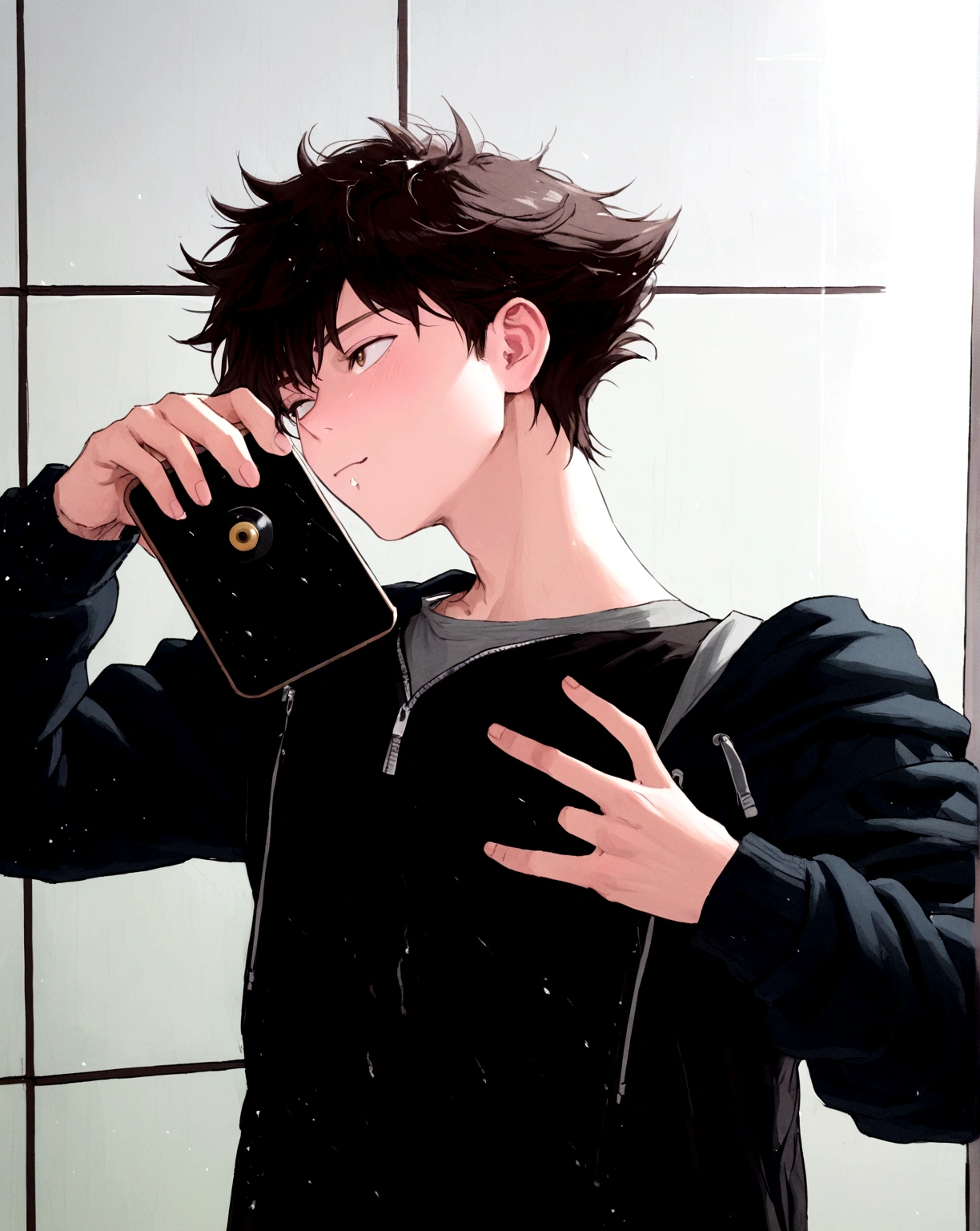 A photo a little further away , black mullet hair , a goatee , eyes red like blood , an aura of mana, a more skateboarding scenario and the physical size of an athlete