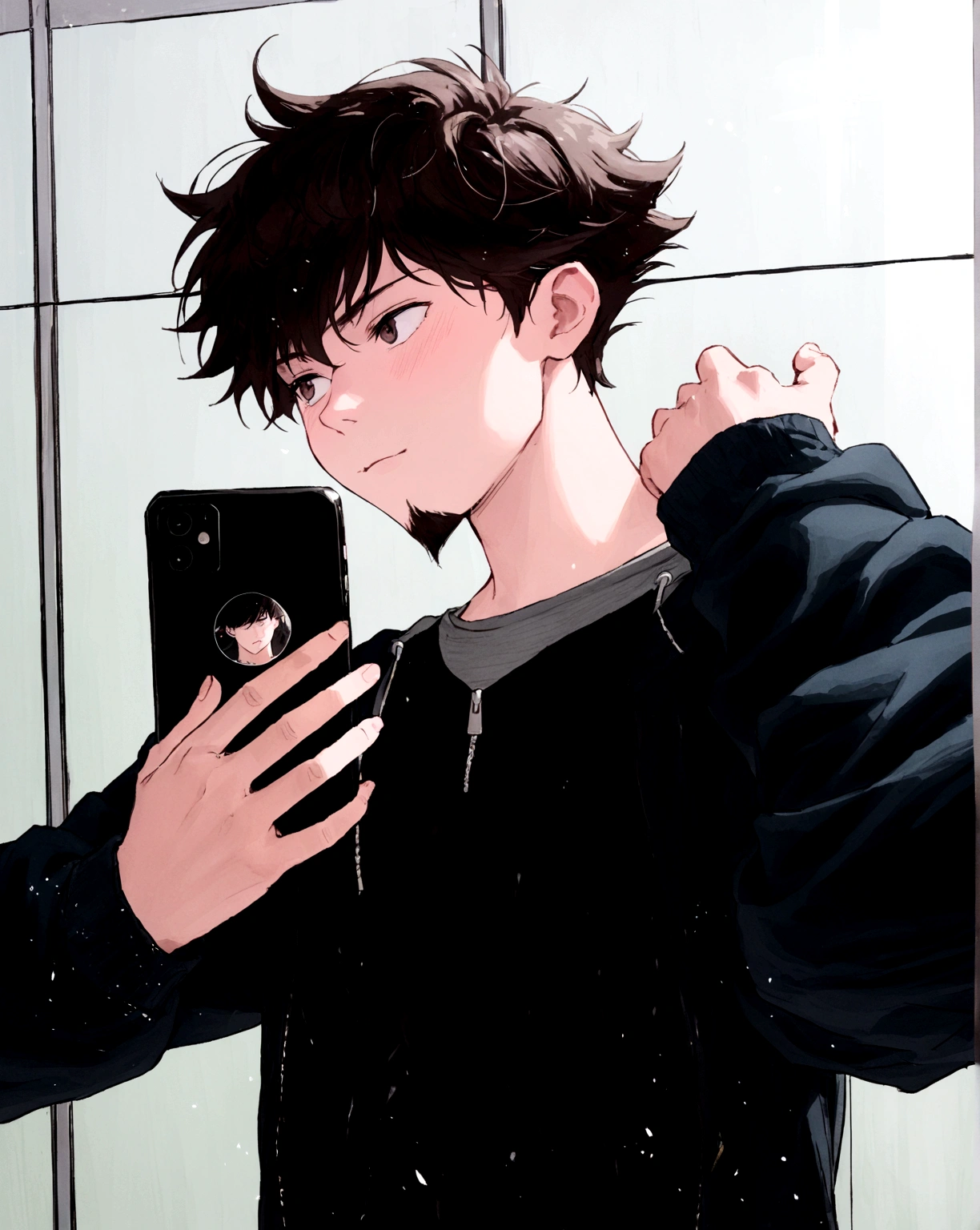 A photo a little further away , black mullet hair , a goatee , eyes red like blood , an aura of mana, a more skateboarding scenario and the physical size of an athlete 