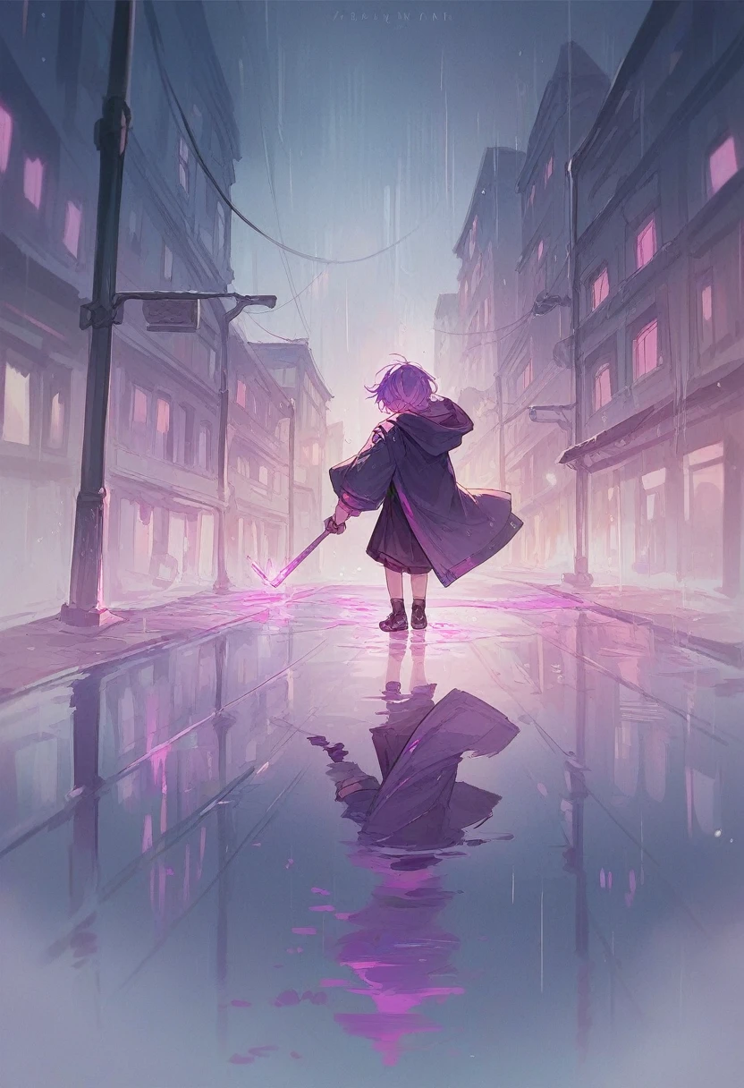Cold lights environment, violet reflection rain