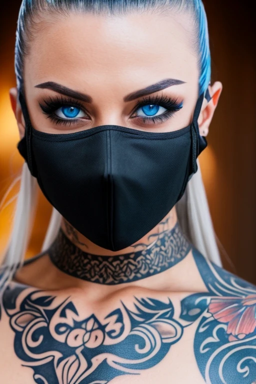 A close up of a female character with blue eyes and tattoos on her face, wearing a black mask.