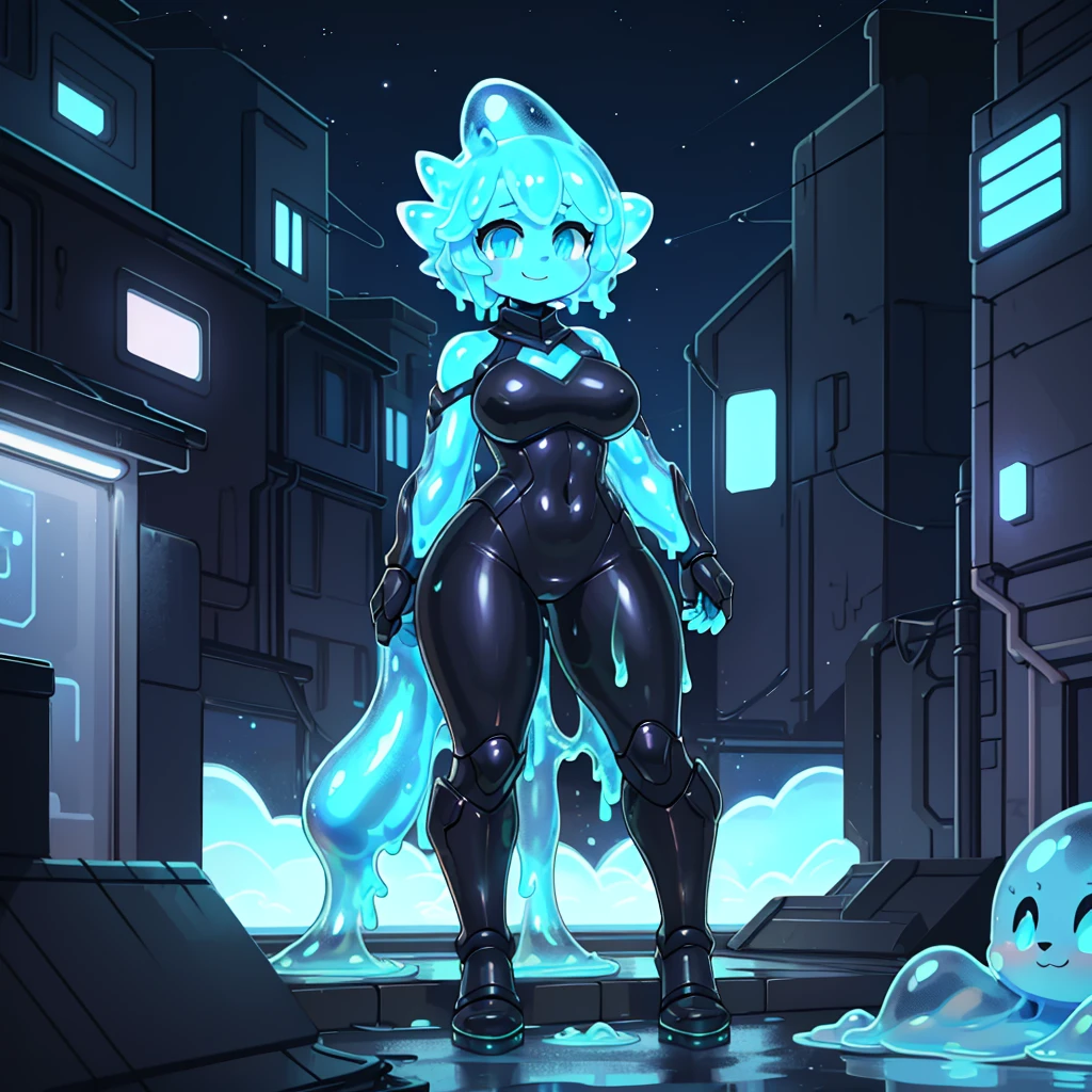 (masterpiece), (best quality), (high res) solo, (perfect anatomy) (perfect face, (Female slime), superheroine, (((full body super heroine black armor))), (slime girl), ager, (((transparent))), (gooey), (blue slime skin), (((glowing white irises))), (blue short shoulder length slime hair), wide hips, thick thighs, narrow waist, huge breasts, (standing on the rooftop), (futuristic city), (night) ((transparent body)), smiling, ((slime)) ((blue slime body)), ((((cute artstyle))))