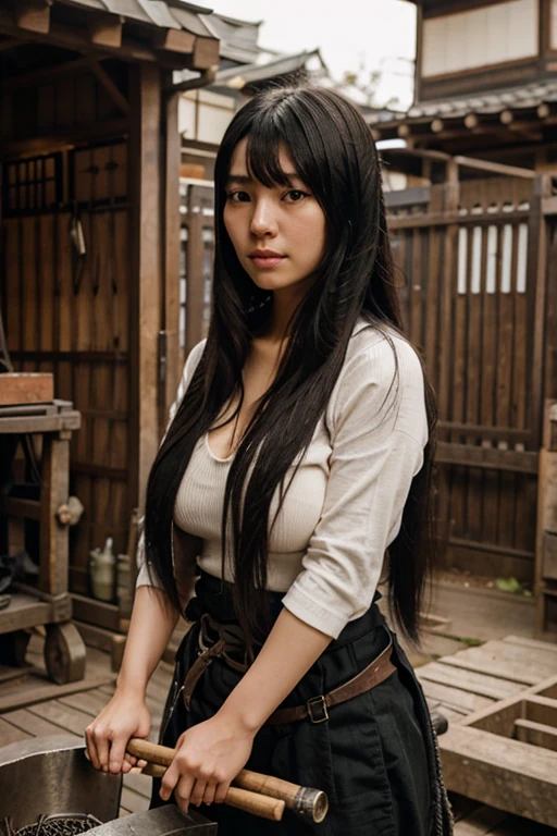 Japanese girl with long black hair with fringes and big tits, wearing blacksmith clothing holding tools