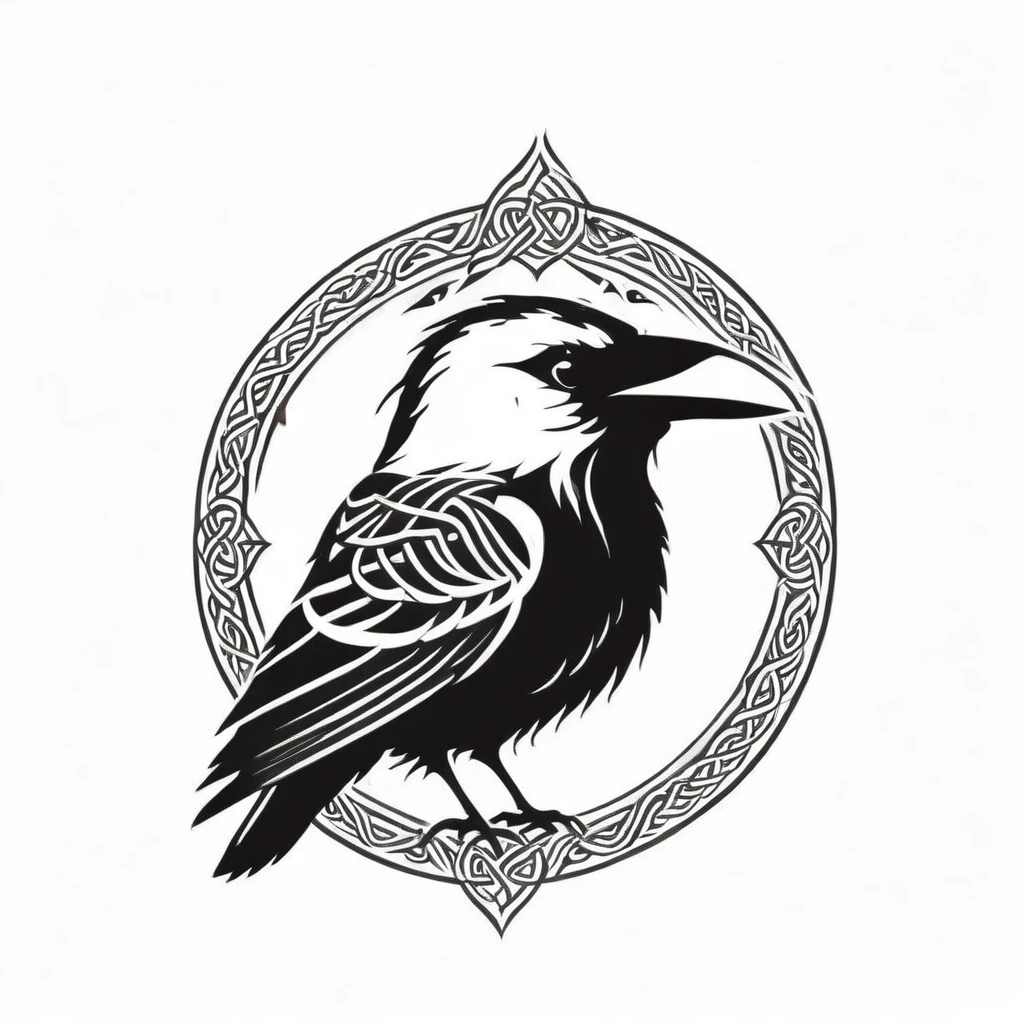 celtic style, tribal style, norse style, black and white, spellcasting raven