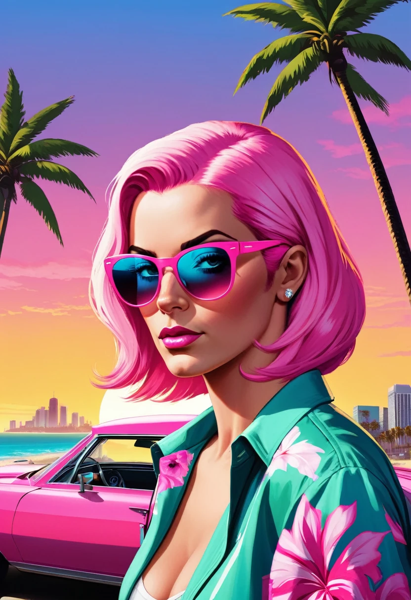 (gta style:1.5)，(GTA Vice City, GTA 5 cover art, gta style: 1.5), with a white woman long neon pink hair, With glasses 