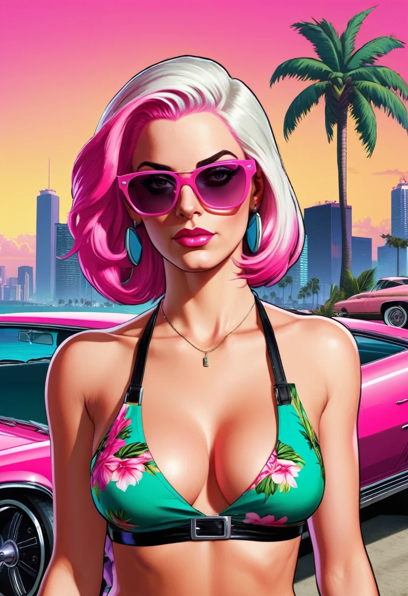 (gta style:1.5)，(GTA Vice City, GTA 5 cover art, gta style: 1.5), with a white woman long neon pink hair, With glasses 