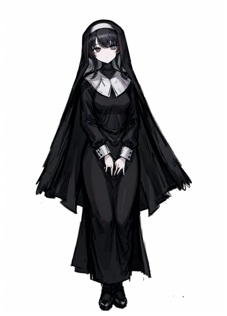 1girl, black eyes, black hair, nun, saint, nice clothes, (high resolution, high detail, best quality),
black background, tender