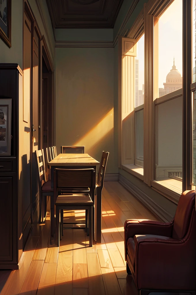 Chair, window, columns, big gate, mansion interior, masterpiece, best quality, high resolution, 4k , illustration, digital art,school canteen, anime style