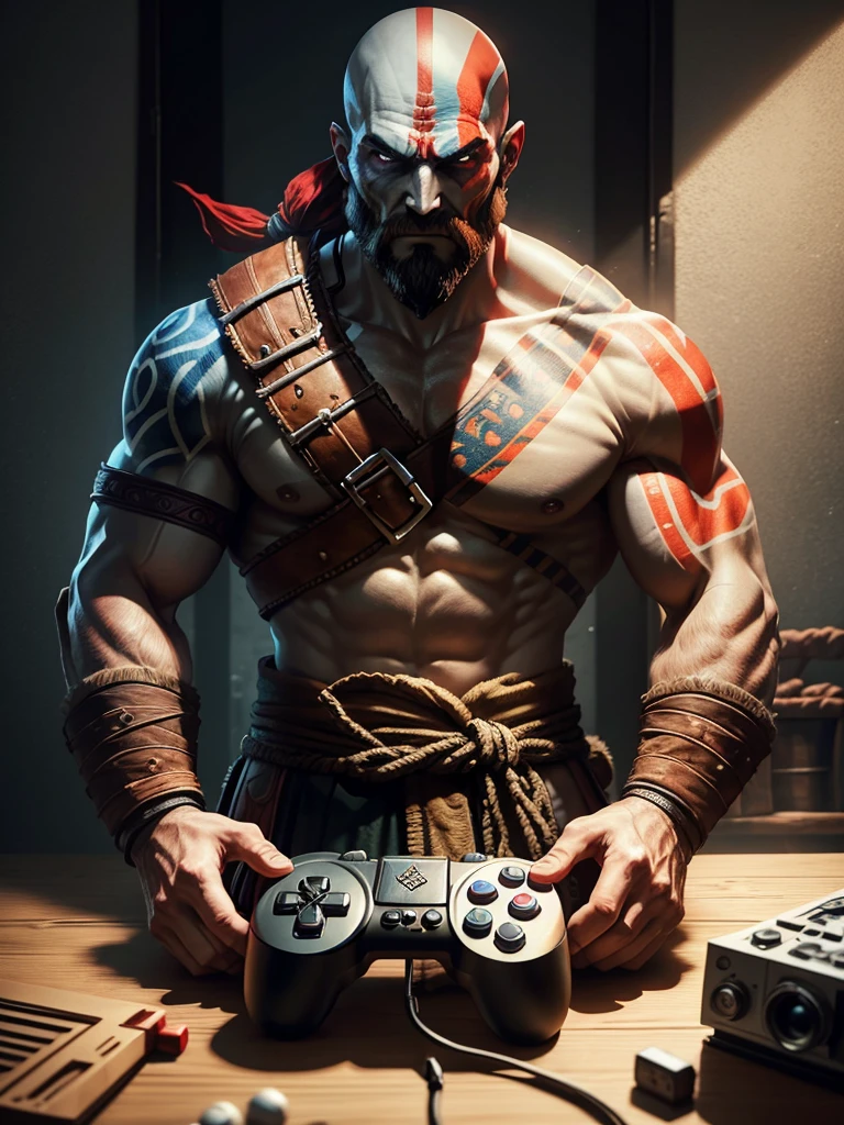 create an image with a film camera and a video game controller with god of war and mortal kombat and teken in the middle