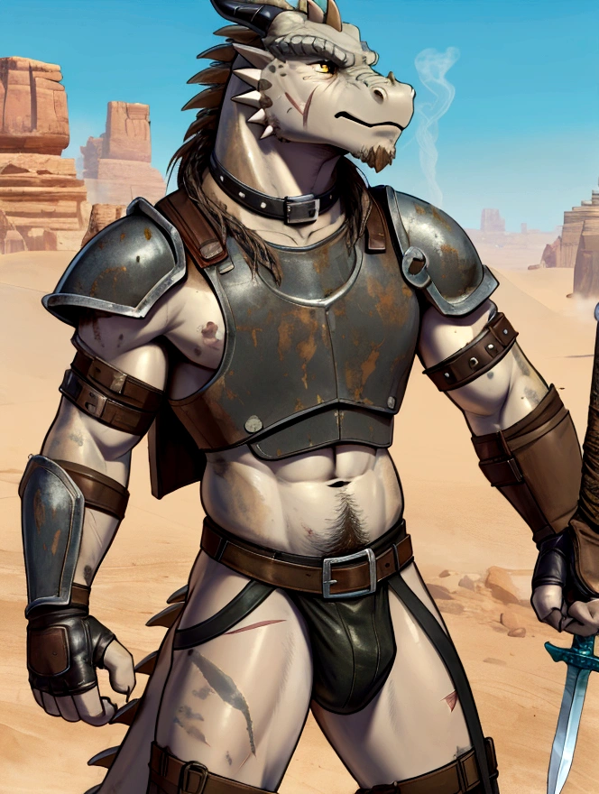 Solo Sexy young anthro scalie dragon male mercenary medieval solider, slim endomorph muscular, anthro handsome gay shorter muzzle, handsome gay model male apperance, sword scars, worn out leather skimpy armament, low on hips heavy leather belt, old very worn out skimpy dirty linen material jockstrap, old yellow dirty worn out stains on white sawn jockstrap, very visible "x" brown seam pattern on the jockstrap, studded skimpy armlets breastplate armor, skimpy breastplate, leather bondages, fingerless leather gloves, smelly unwashed husk, dirty body look, desert battlefield, standing in sexy fighting position, close view of full character