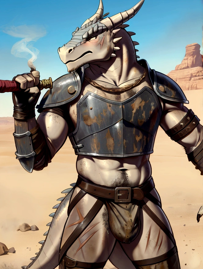 Solo Sexy young anthro scalie dragon male mercenary medieval solider, slim endomorph muscular, anthro handsome gay shorter muzzle, handsome gay model male apperance, sword scars, worn out leather skimpy armament, low on hips heavy leather belt, old very worn out skimpy dirty linen material jockstrap, old yellow dirty worn out stains on white sawn jockstrap, very visible "x" brown seam pattern on the jockstrap, studded skimpy armlets breastplate armor, skimpy breastplate, leather bondages, fingerless leather gloves, smelly unwashed husk, dirty body look, desert battlefield, standing in sexy fighting position, close view of full character