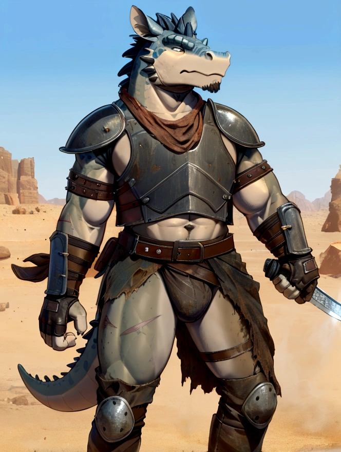 Solo Sexy young anthro scalie dragon male mercenary medieval solider, slim endomorph muscular, anthro handsome gay shorter muzzle, handsome gay model male apperance, sword scars, worn out leather skimpy armament, low on hips heavy leather belt, old very worn out skimpy dirty linen material jockstrap, old yellow dirty worn out stains on white sawn jockstrap, very visible "x" brown seam pattern on the jockstrap, studded skimpy armlets breastplate armor, skimpy breastplate, leather bondages, fingerless leather gloves, smelly unwashed husk, dirty body look, desert battlefield, standing in sexy fighting position, close view of full character