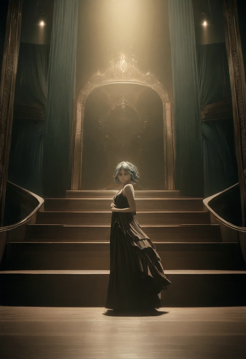 1girl, detailed beautiful eyes, detailed beautiful lips, extremely detailed face, long eyelashes, elegant dress, posing in a theater, ornate interior, lush curtains, classical architecture, dramatic lighting, cinematic mood, muted color palette, atmospheric, photorealistic, masterpiece, 8k, highres, hyper detailed