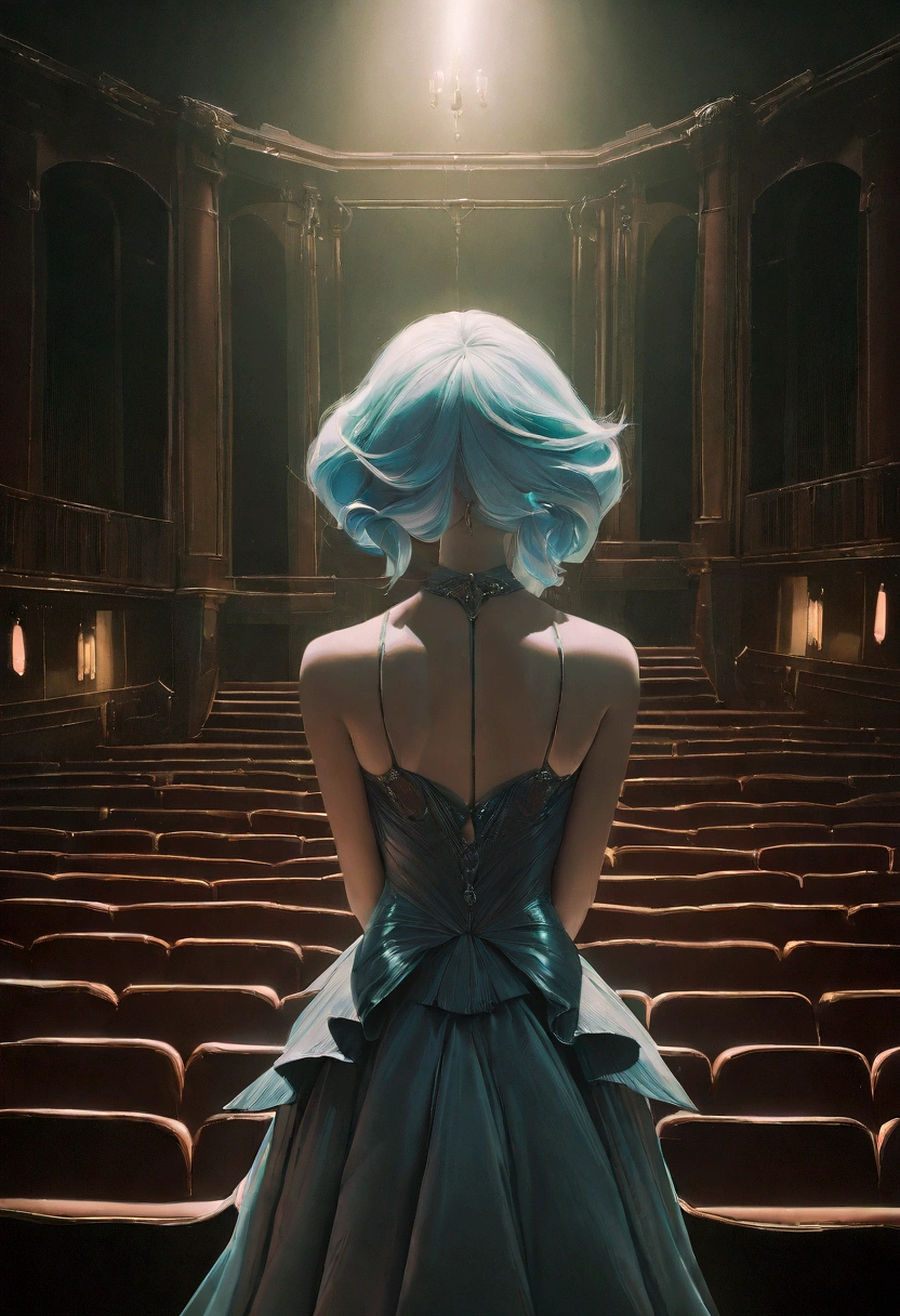 1girl, detailed beautiful eyes, detailed beautiful lips, extremely detailed face, long eyelashes, elegant dress, posing in a theater, ornate interior, lush curtains, classical architecture, dramatic lighting, cinematic mood, muted color palette, atmospheric, photorealistic, masterpiece, 8k, highres, hyper detailed