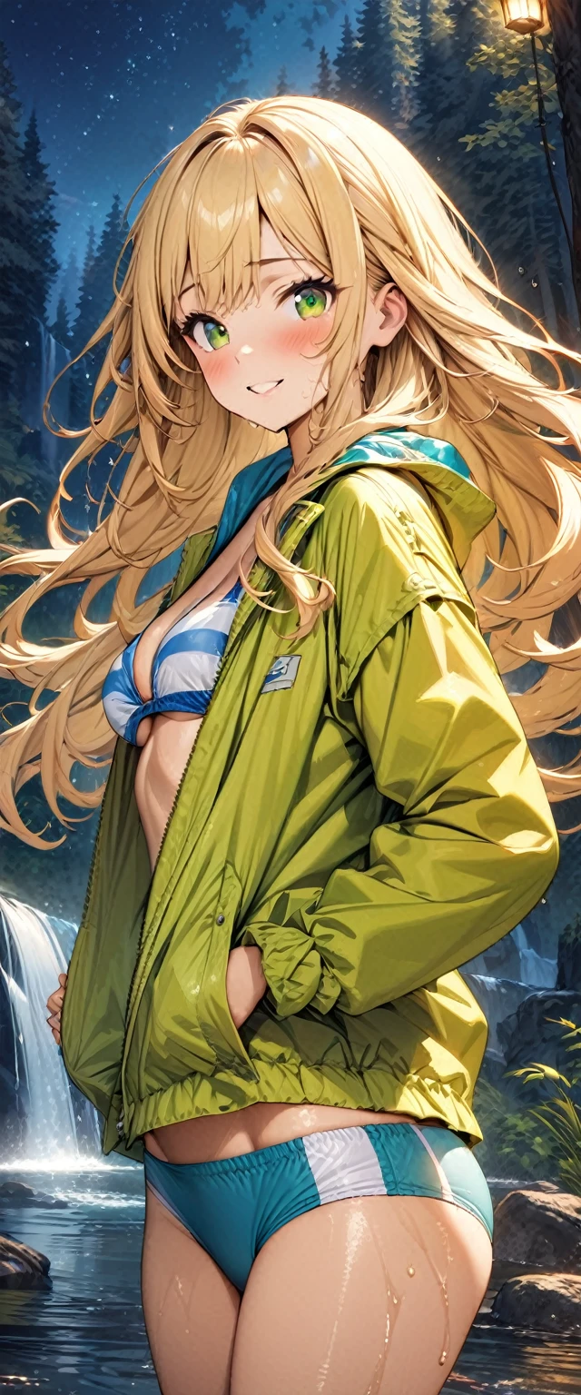 (masterpiece), (highest quality), (illustration), (super detailed), (high resolution), absurdity, 1girl,happy,blush,camping clothes,blonde hair,long hair,green eyes,night,forest lake,waterfall,looking at viewer,cowboy shot,water,undressing,swimsuit,wet