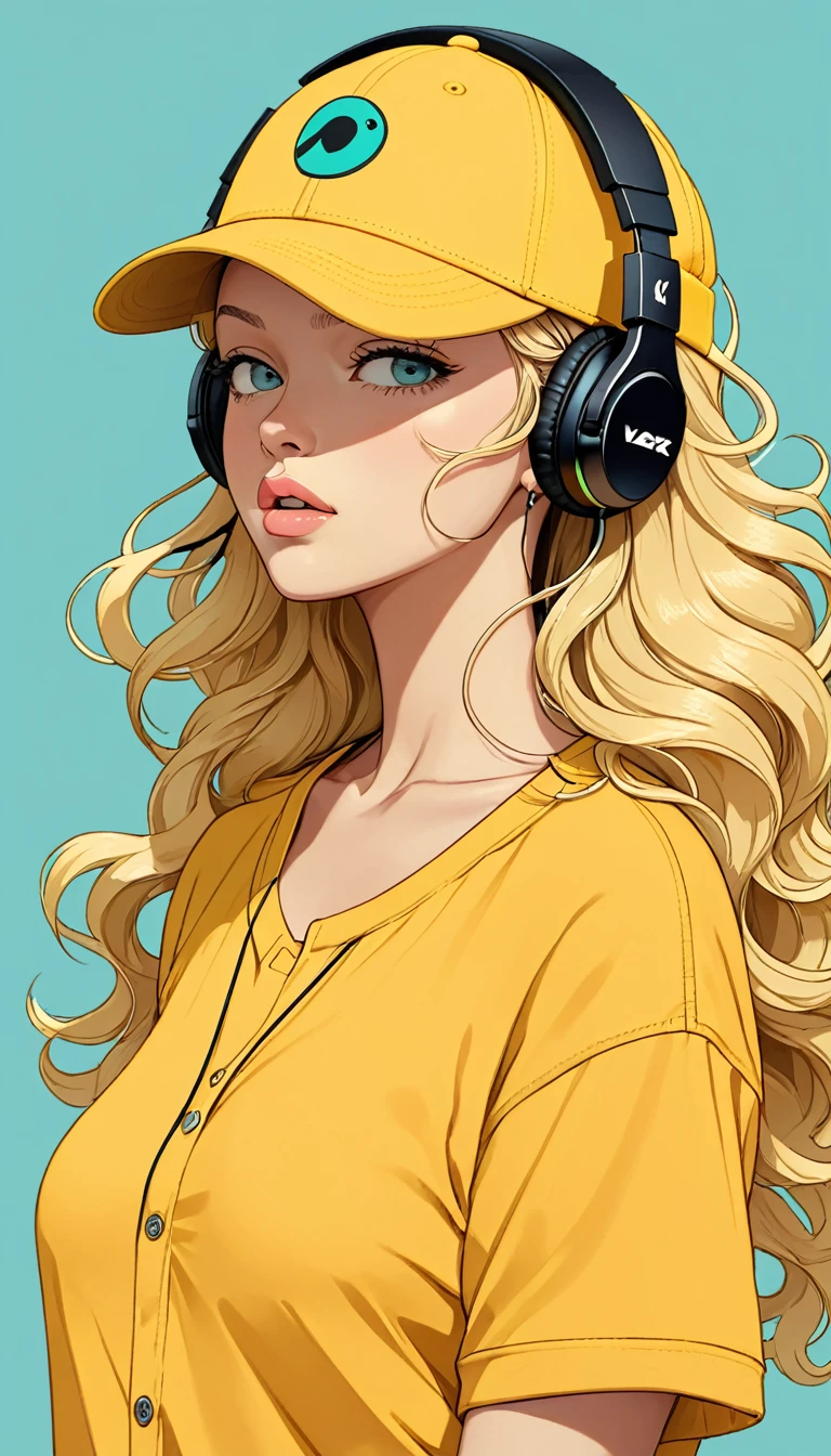 masterpiece, Highest quality, One girl, Aqua Eye, Baseball cap, Blonde, Mouth closed, Earrings, Have, hoop 、 jewelry, View your viewers, shirt, Wavy Hair, Simple Background, alone, Upper Body, yellow shirt 、Headphones、Larger breasts