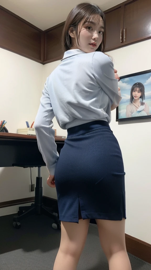 Japan woman dressed as an office lady、
(((​masterpiece))), ((top-quality)), ((intricate detailes)), (((hyper realisitic)), Absurd resolution, Near and far law, ighly detailed, Realistic, 1girl in, ((Colossal tits)), perfect hand, Detailed finger, beatiful detailed eyes, shorth hair,,(Dark blue tight skirt:1.2), Detailed background、Bright interior,White blouses, perfect  eyes, mesmerizing eyes, Look at viewers, from backview、A smile、Mole on the mouth、s ass、Calf,Bukkake、high-heels