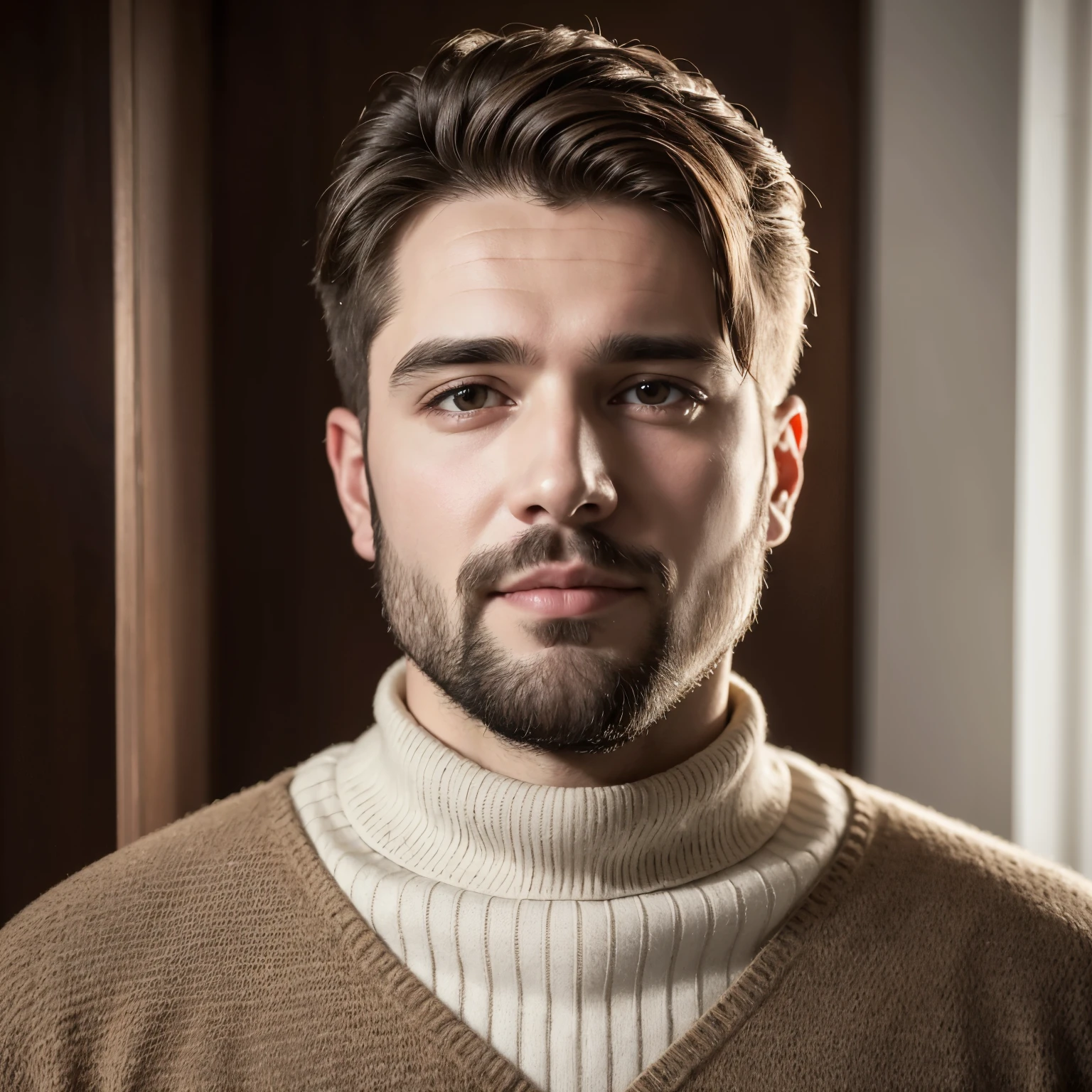 ((best qualityer)), ((work of art)), (detailded), 1 men, ombro to ombro sweater, with masterpiece quality, in 8k and extremely high realism, a 30 year old man who provides security to his buyers, with brown eyes and shorter hair, sparse beard and a photo with high realism, centralize a foto, It's for your Facebook profile picture, hair in a formal cut