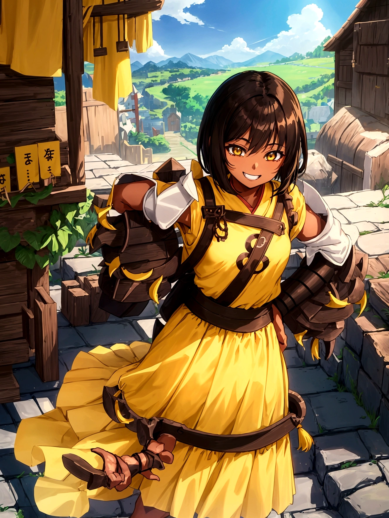 roleplaying game、Hunter、Anime Style、Cheerful girl、Brown skin、RPG Games、Yellow long skirt-type equipment、、Very small breasts、Armament、Black Hair、short hair、Naughty、Mischievous、Smiling with teeth showing、Hands on hips、Hall々Stand with、Village Background、Bustling market