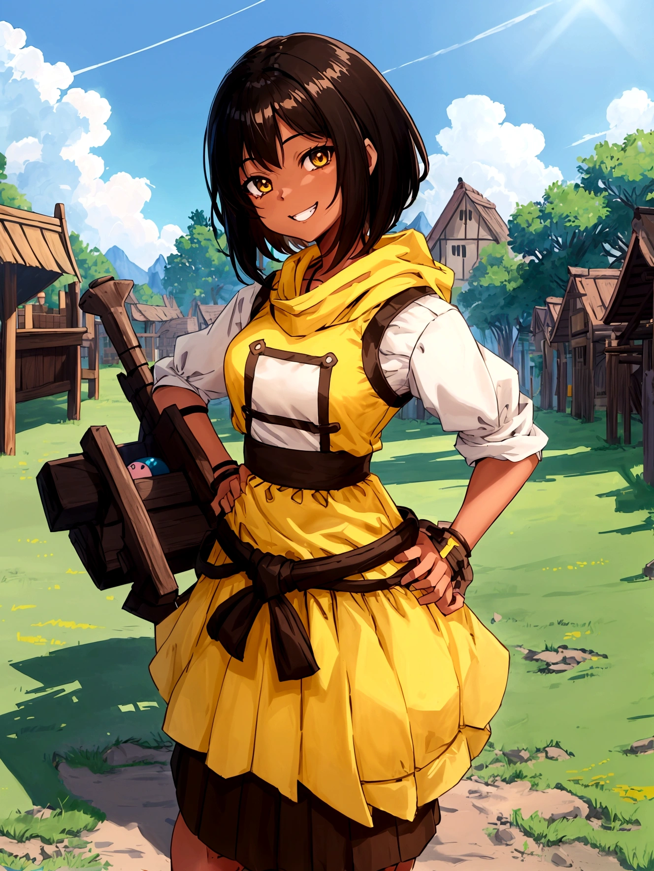 roleplaying game、Hunter、Anime Style、Cheerful girl、Brown skin、RPG Games、Yellow long skirt-type equipment、、Very small breasts、Armament、Black Hair、short hair、Naughty、Mischievous、Smiling with teeth showing、Hands on hips、Hall々Stand with、Village Background、Bustling market