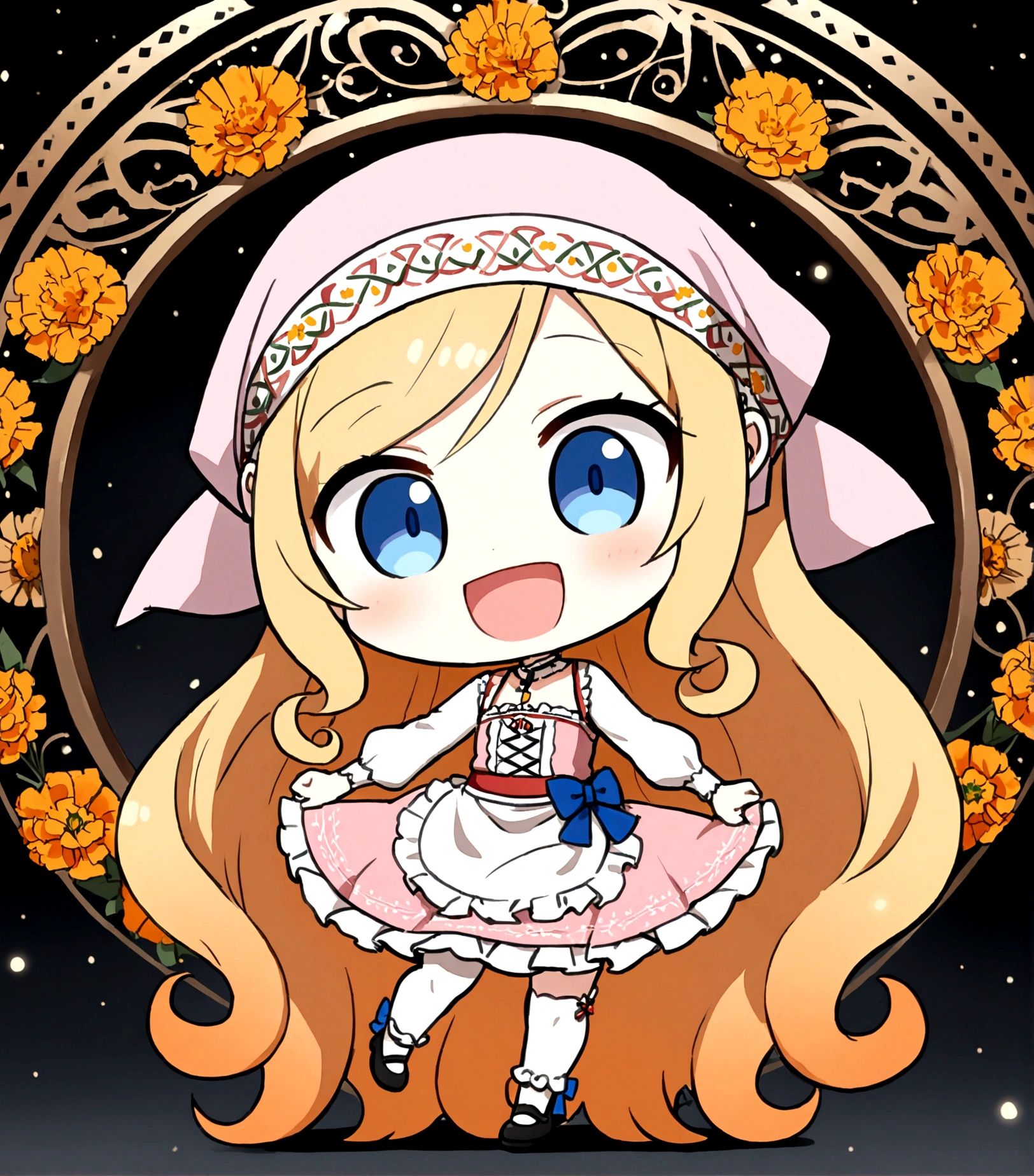 golden orange hair, gradient hair, very long hair, swept bangs, sidelocks, curly hair, wavy hair, (((((head scarf))))), head bandana, pink apron, flower in hair, marigold, orange flower, dirndl, pink dress, pink dirndl, long sleeves, waist apron, white apron, bow on waist, blue bow, , polish clothing, Slavic clothing, Hungarian clothing, anime, cute, flat chest, solo, exaggerated expression, chibi,(((((:3}}}}} smile, open mouth, blue eyes, white stockings, black shoes, full body