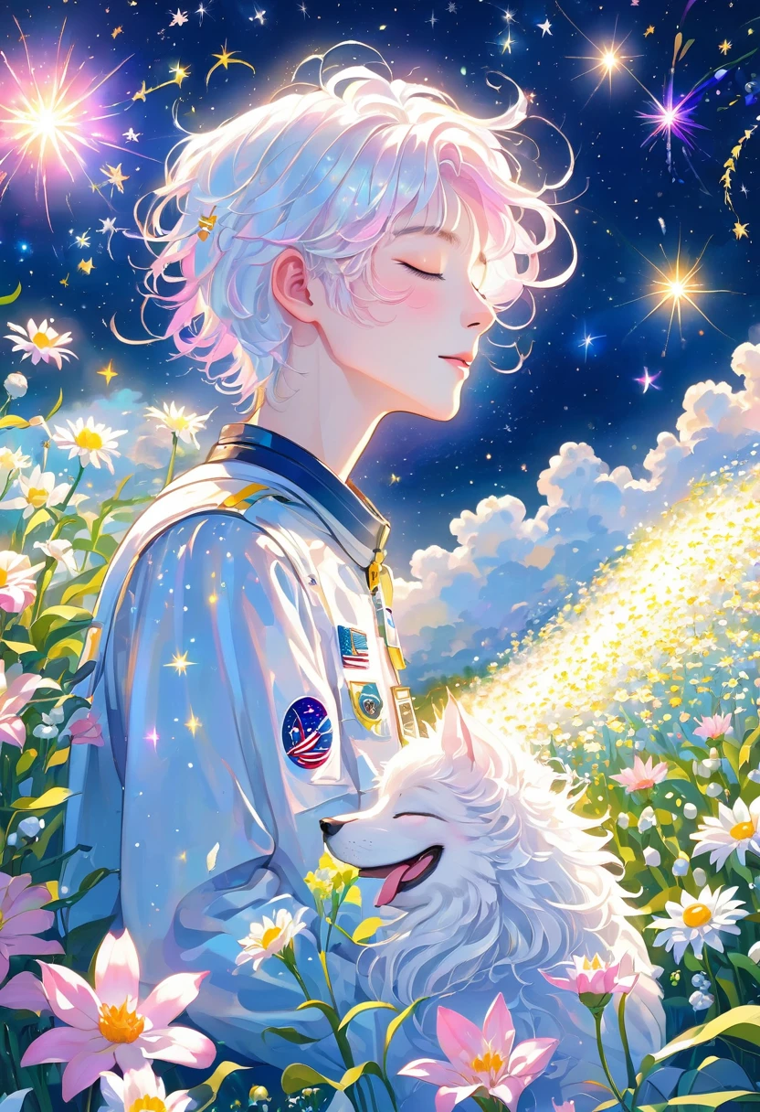 1boy,artist name,astronaut,aurora,bouquet,closed eyes,constellation,crescent,crescent moon,daisy,earth \(planet\),fireworks,flower,flower field,full moon,galaxy,leaf,light particles,lily \(flower\),lily of the valley,lily pad,lotus,male focus,milky way,moon,moonlight,night,night sky,pink flower,planet,rainbow,shooting star,sky,snowflakes,solo,space,sparkle,star \(sky\),star \(symbol\),starry background,starry sky,starry sky print,white flower,white hair,window,yellow flower