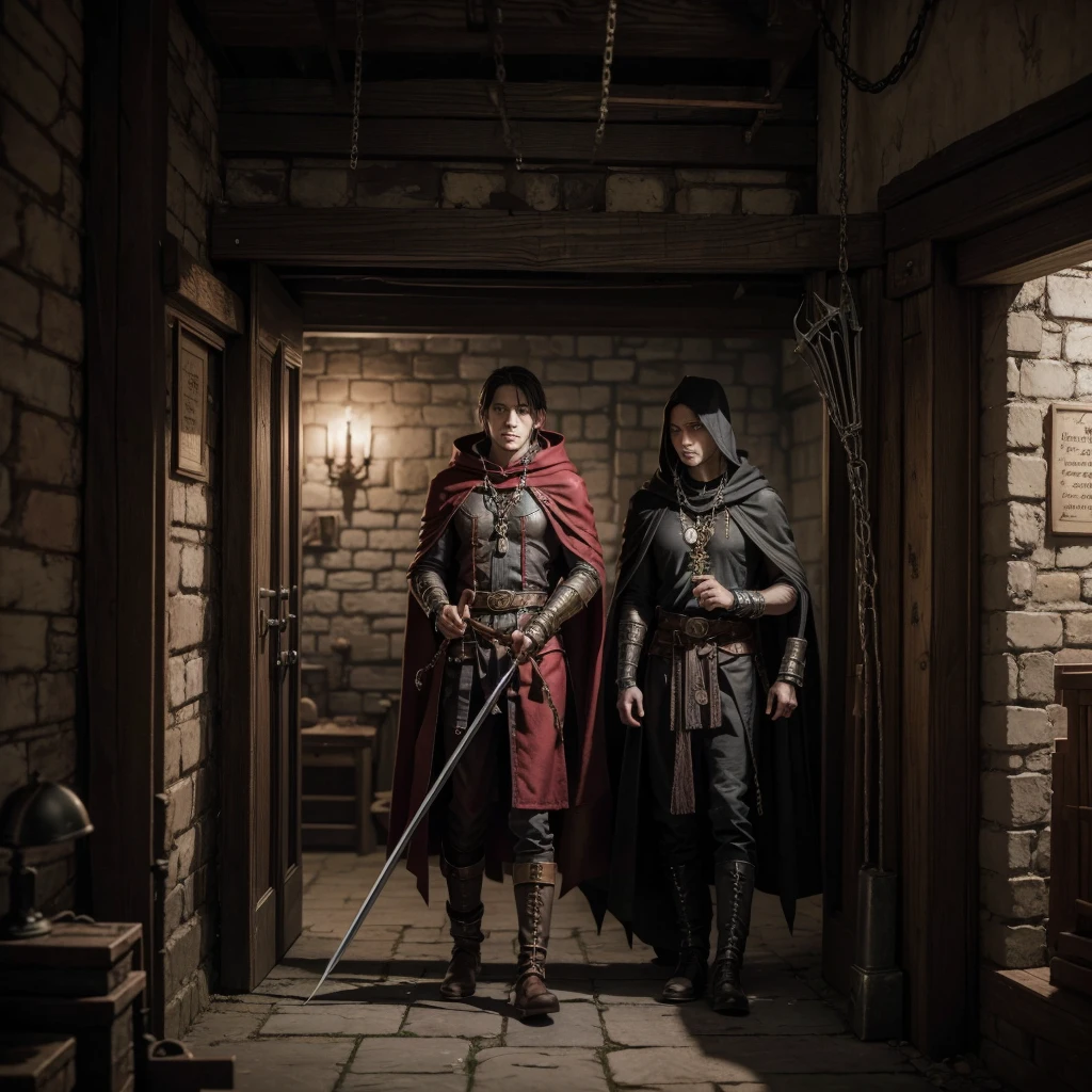 A liefing of d&d,wizard,,cape and red campus,rogue outfit,an iron bracelet with a mouth at the bottom,two daggers attached to the waist,a spear in the back,a scythe at the waist,a crowbar stuck in the leg,a black covered book with chains and a padlock in his hand